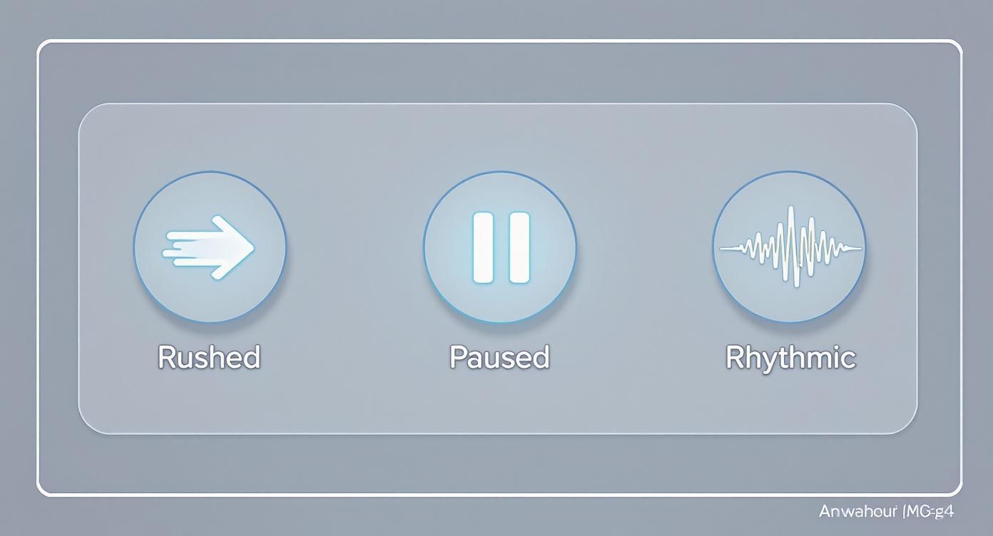 Three buttons with icons and labels: Rushed (arrow), Paused (pause icon), Rhythmic (sound wave).