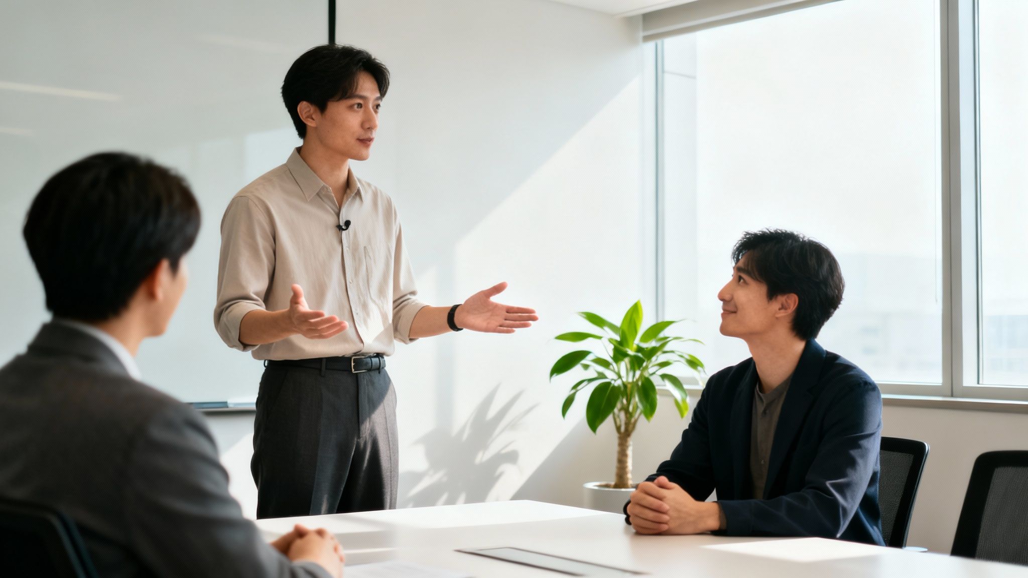 Three Asian businessmen in a bright office, one presenting with gestures while two listen attentively.