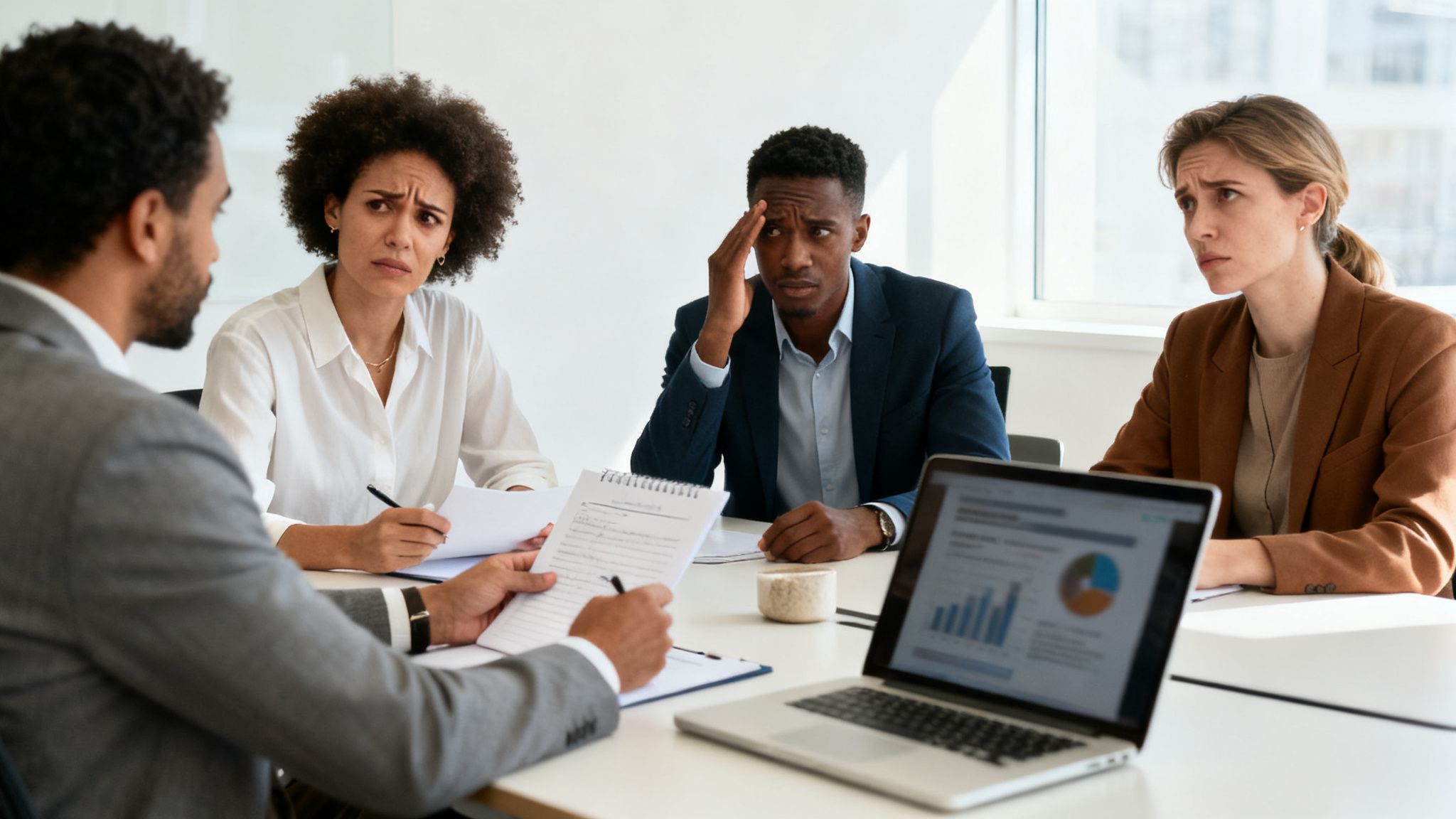 Four diverse business professionals look concerned during a serious meeting with documents and a laptop.