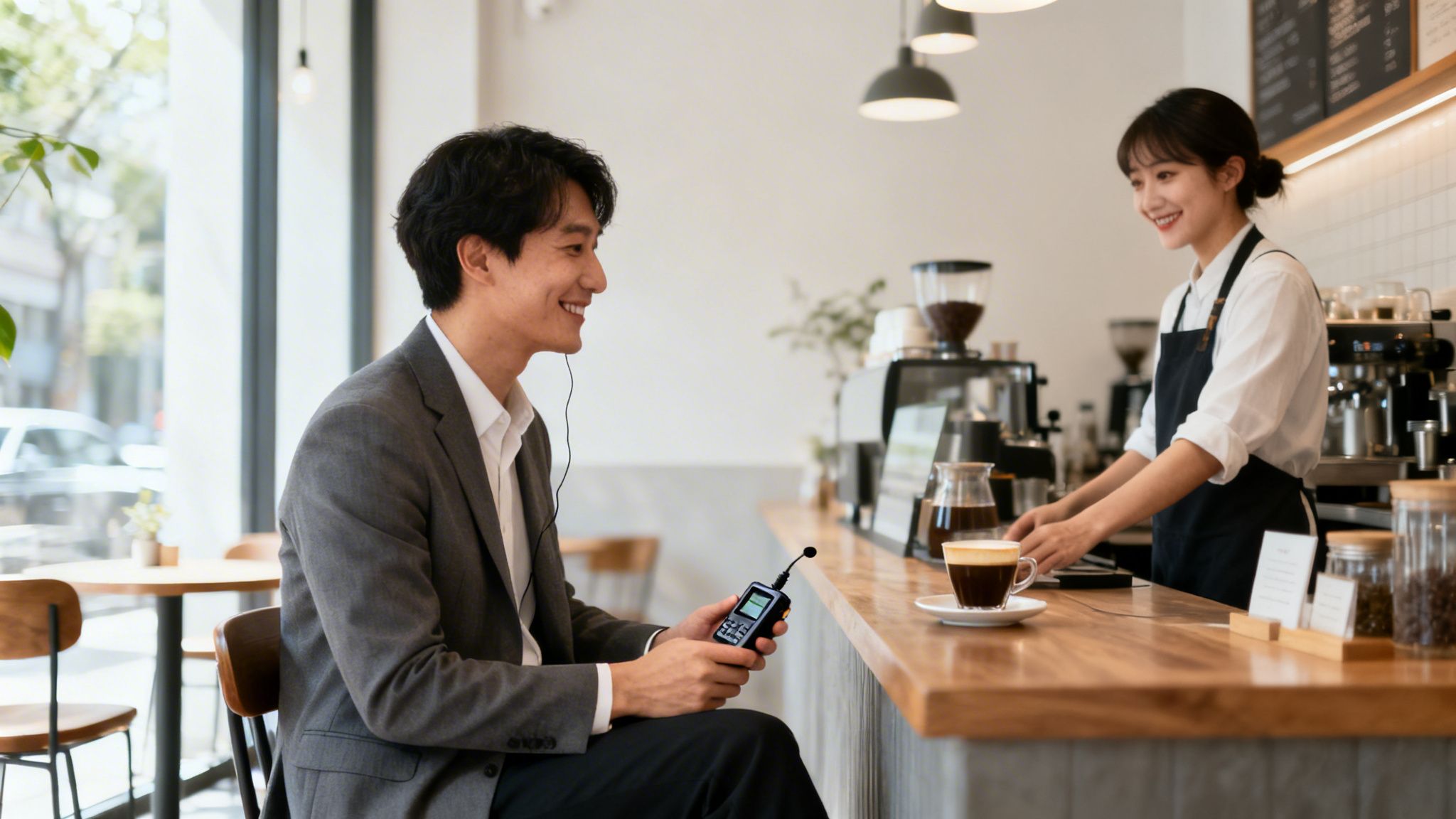 A smiling man holds a communication device while a barista serves coffee in a modern cafe.