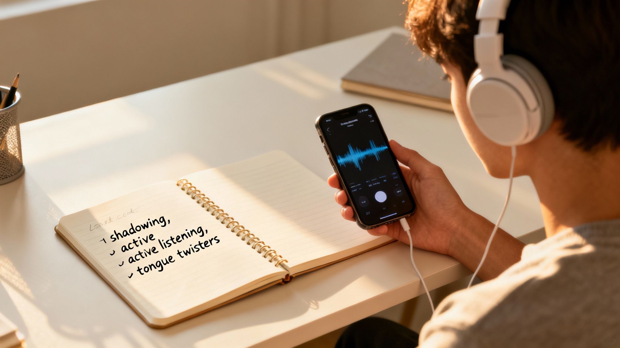 A person with headphones practices language using a smartphone displaying an audio waveform and a notebook.