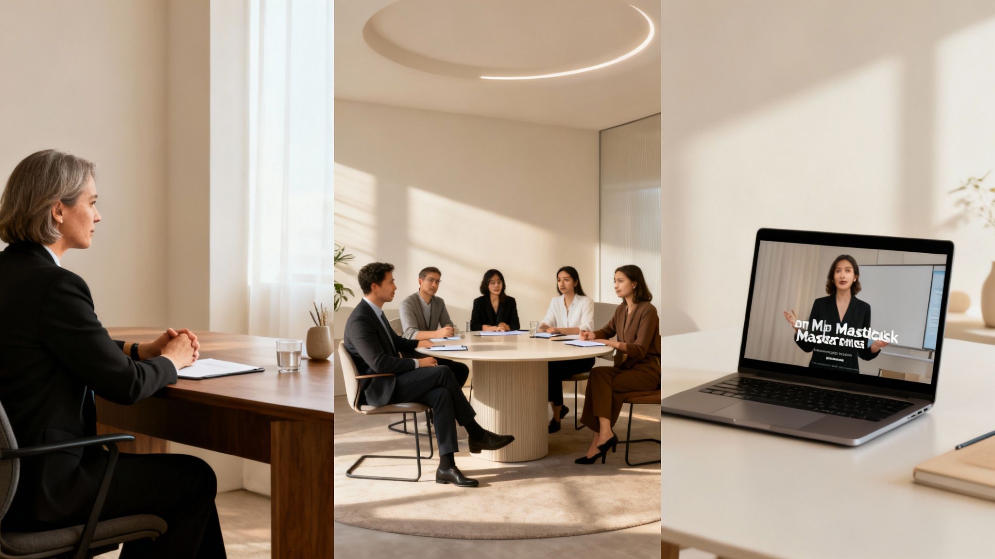 Three panels show professional development: an interview, a business meeting, and an online training video.