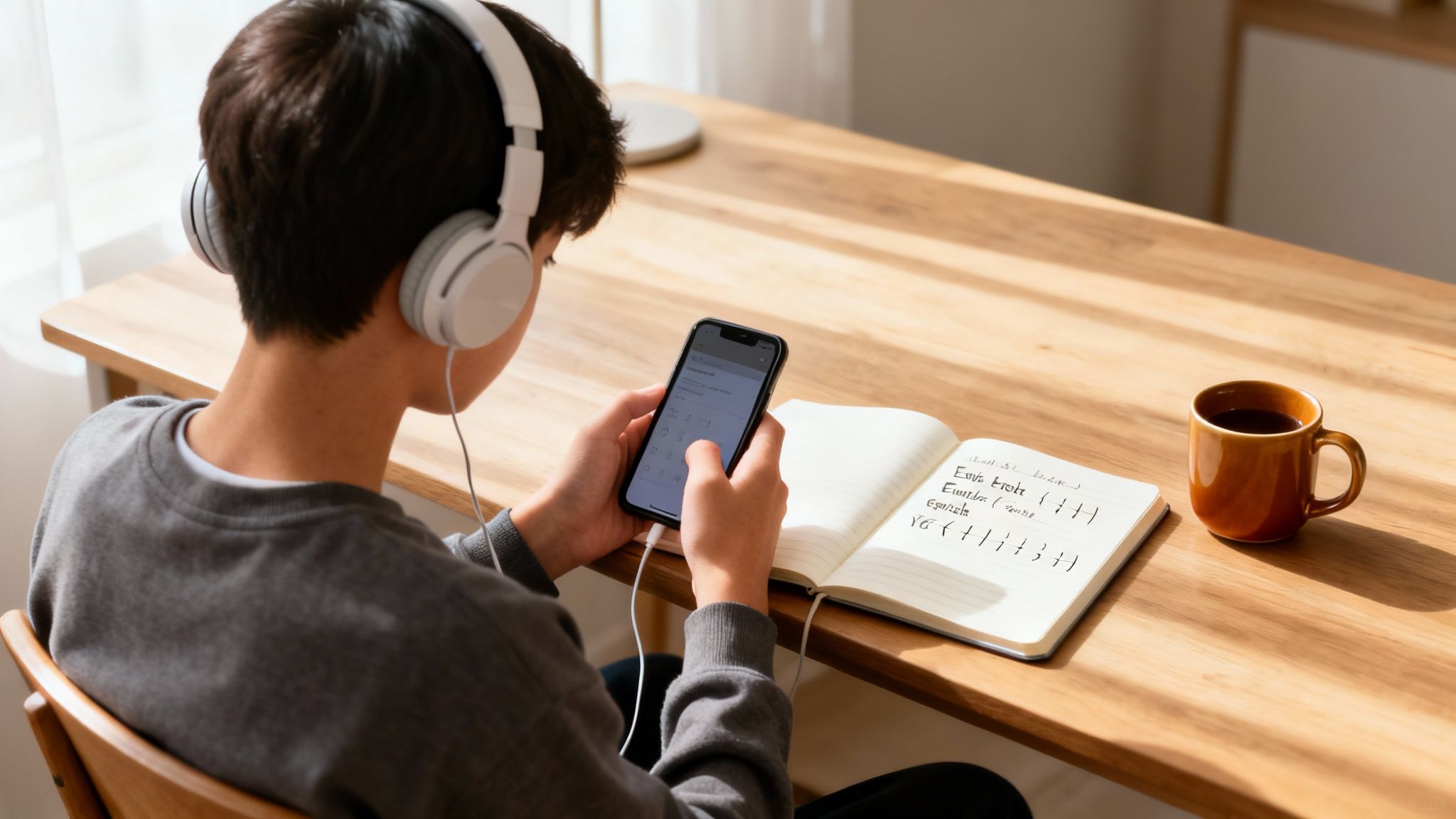 Young person with headphones studying at a wooden desk using a smartphone and notebook.