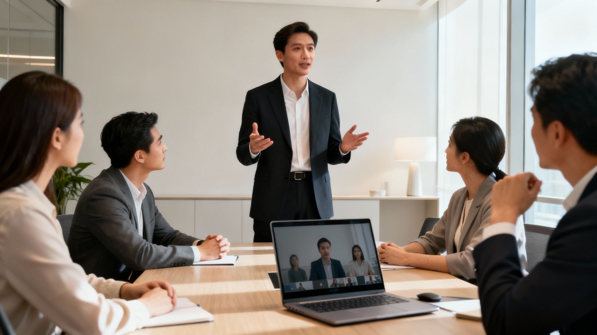 A man presenting in a business meeting with colleagues, some attending virtually.