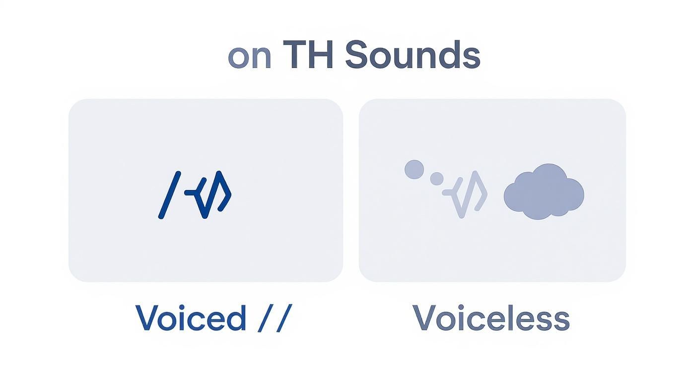 Diagram illustrating the difference between voiced /ð/ and voiceless /θ/ TH sounds.