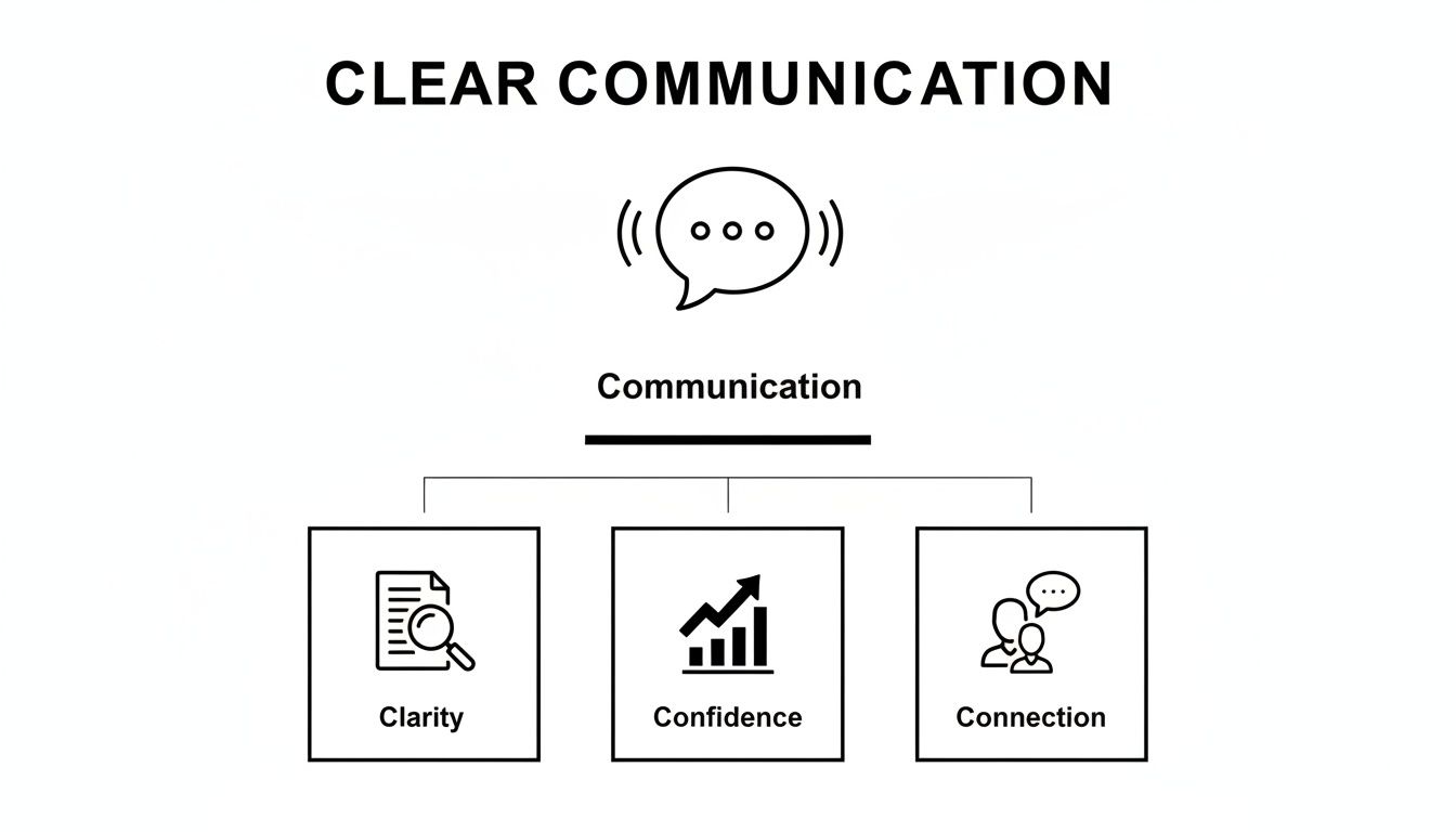 A diagram titled 'Clear Communication' shows 'Communication' branching into 'Clarity', 'Confidence', and 'Connection'.