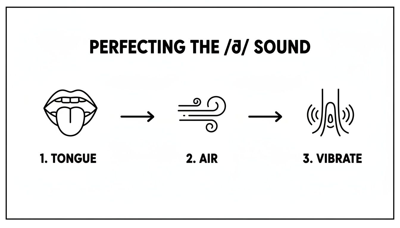 Diagram illustrating three steps to perfect the voiced TH sound (/ð/): tongue, air, and vibrate.