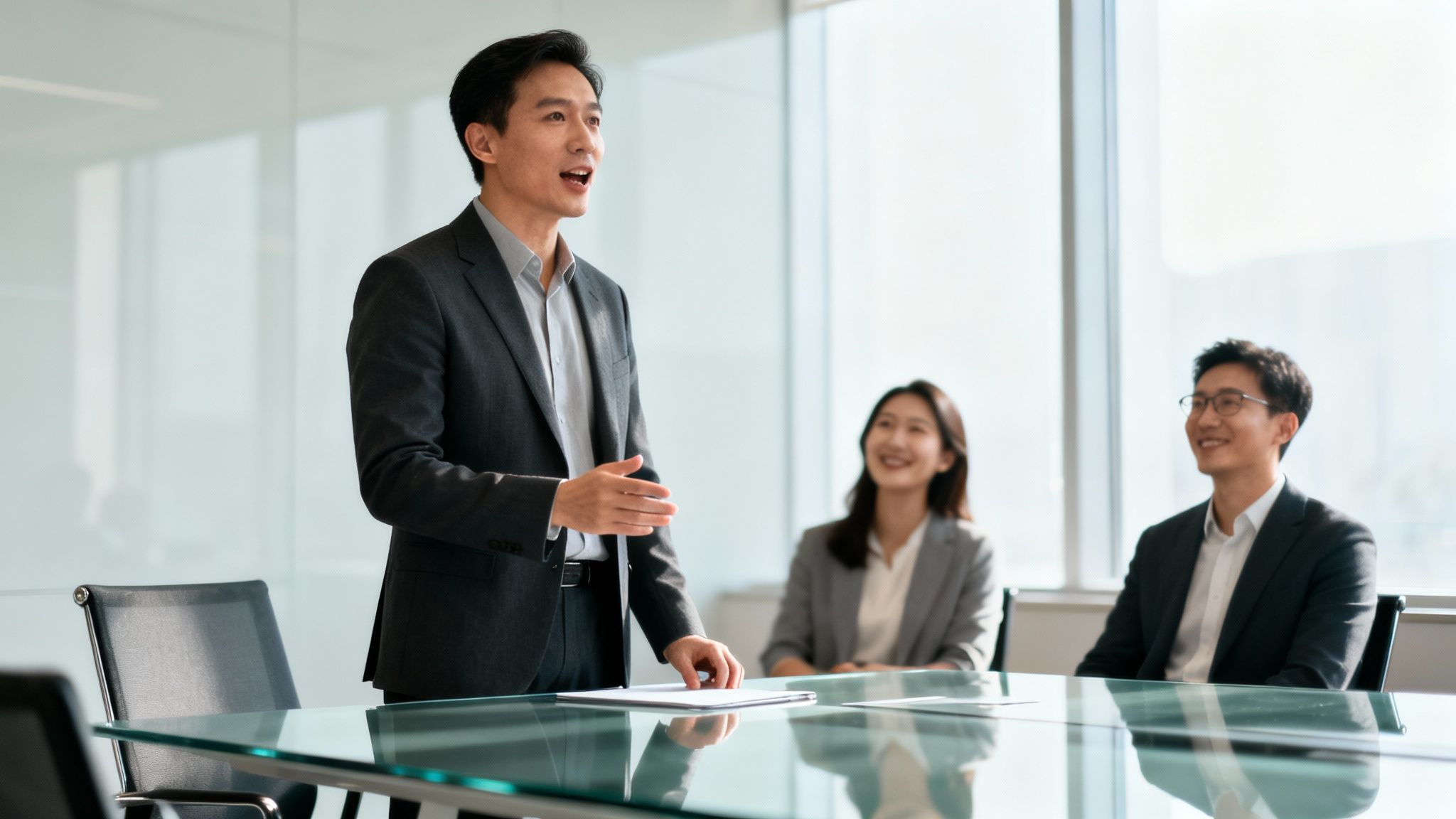 An Asian businessman presents to smiling colleagues in a bright, modern office meeting room.