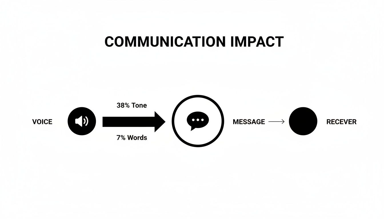 Diagram illustrating communication impact, showing voice's tone (38%) and words (7%) forming a message for a receiver.