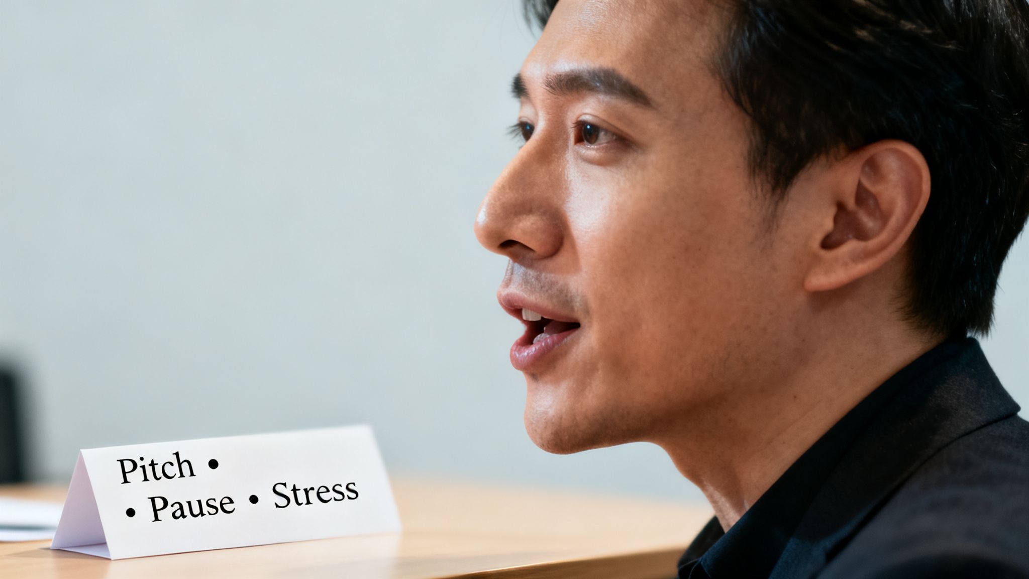 A man is speaking, with a card on a table listing 'Pitch, Pause, Stress' for communication skills.