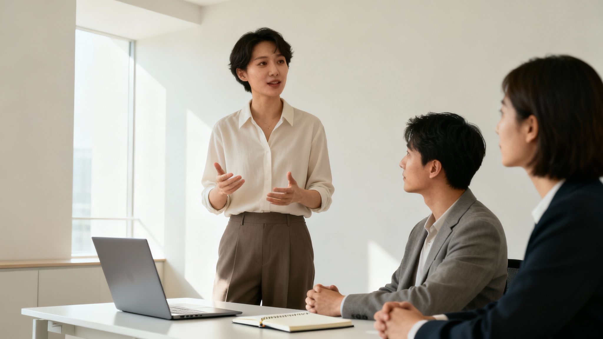 A diverse group of professionals in a bright meeting room, discussing a project.