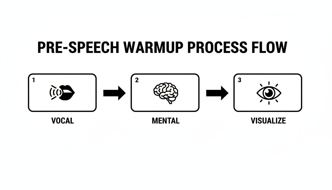 A visual flow diagram illustrating a three-step pre-speech warmup process: Vocal, Mental, and Visualize.