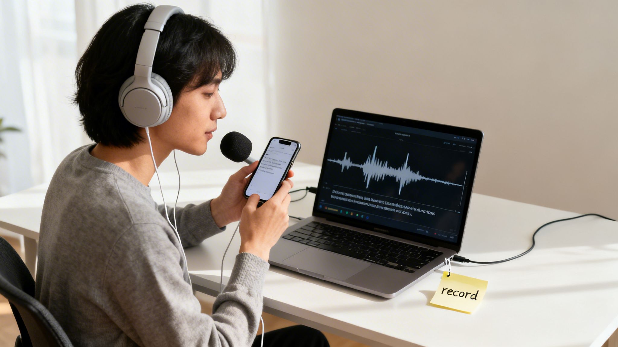 A person wears headphones, holds a microphone and phone, while recording audio next to a laptop displaying sound waves.