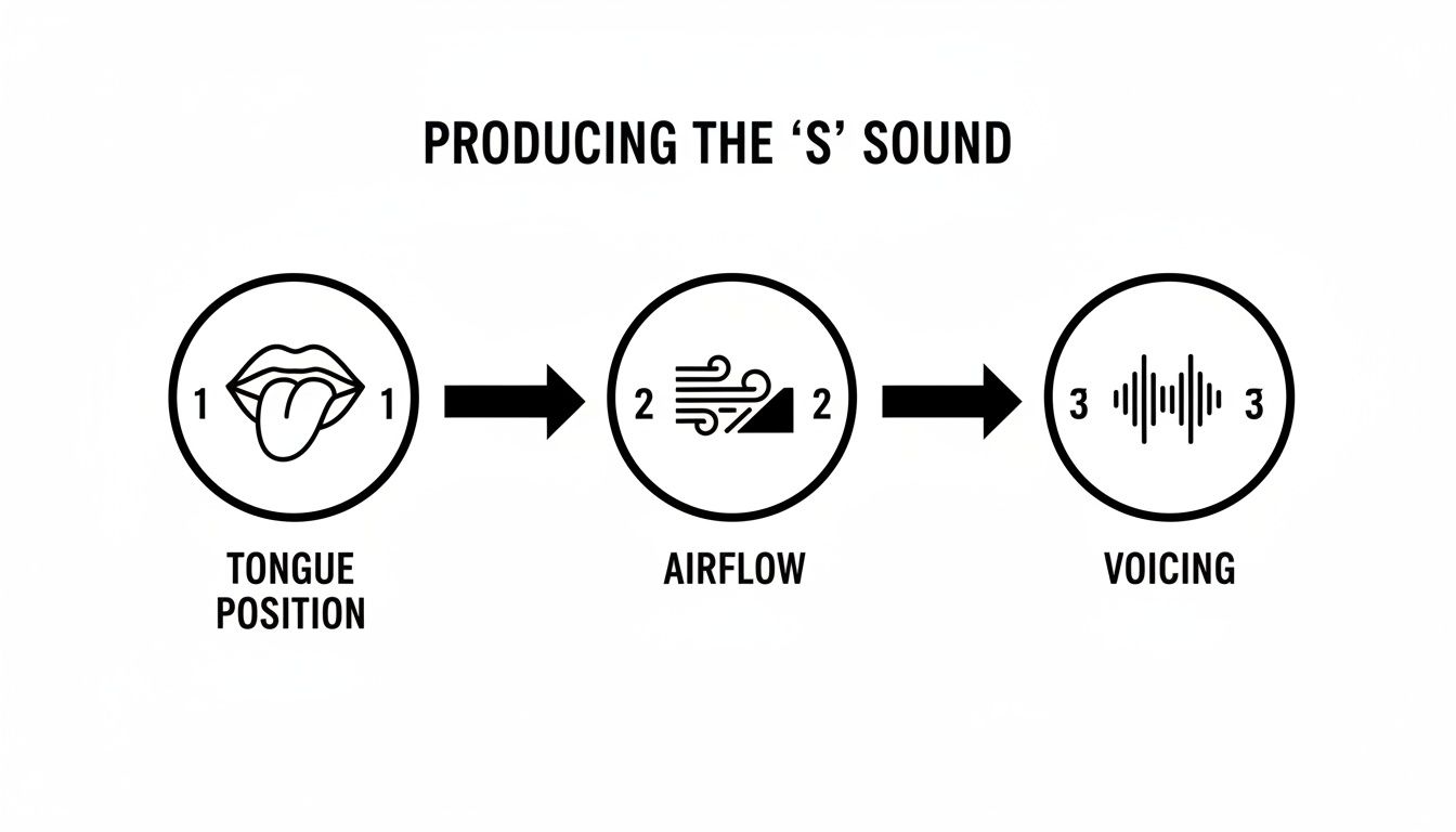 A diagram illustrates three steps for producing the 'S' sound: tongue position, airflow, and voicing.