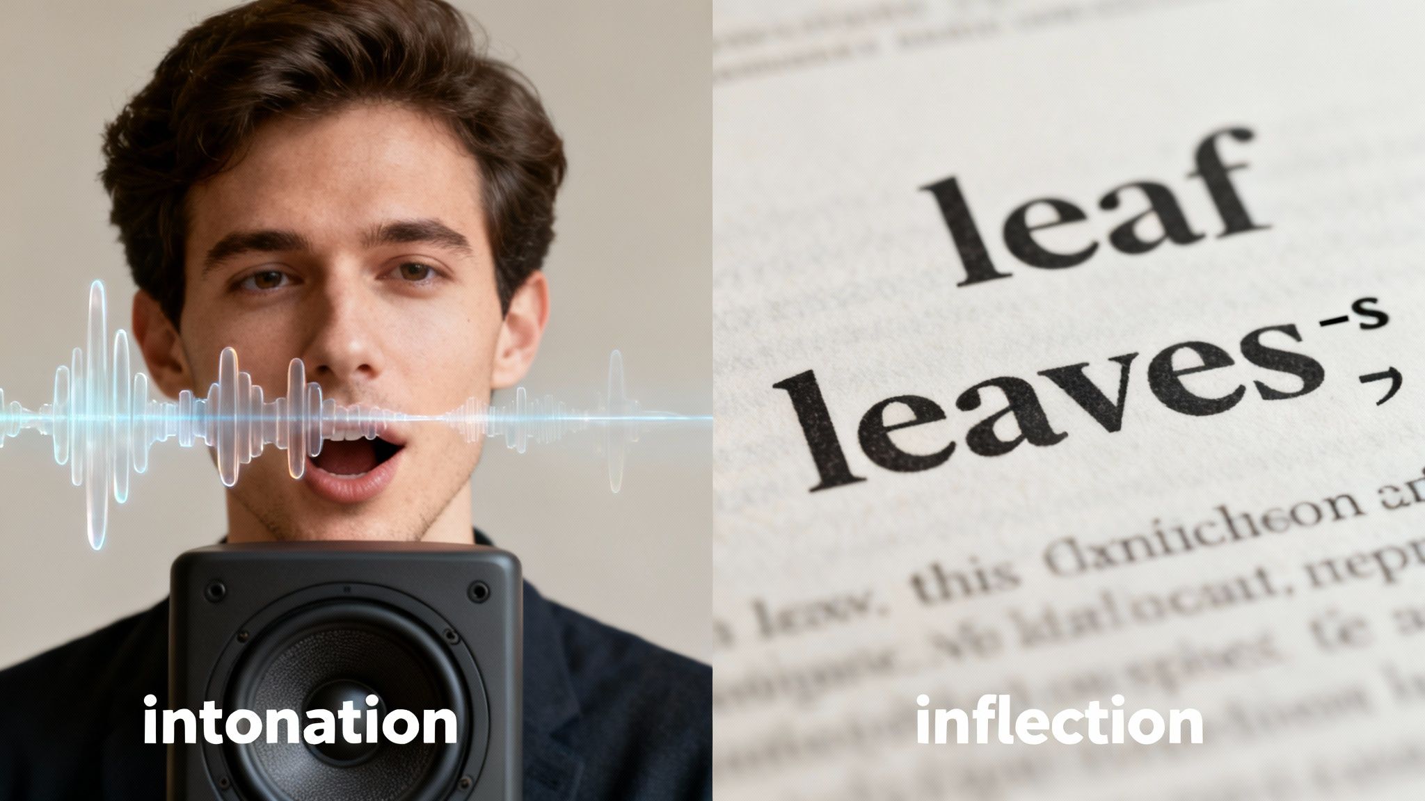 A split image showing a person speaking with a sound wave for intonation, and a dictionary page showing 'leaf' and 'leaves' for inflection.