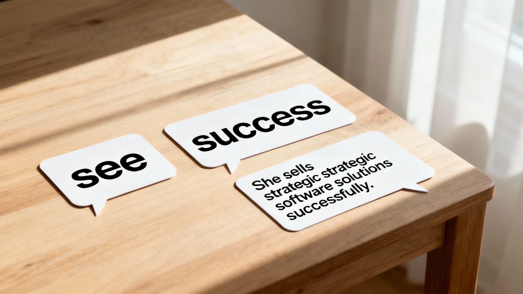 Three white speech bubble cards on a wooden table with words: see, success, and a sentence.