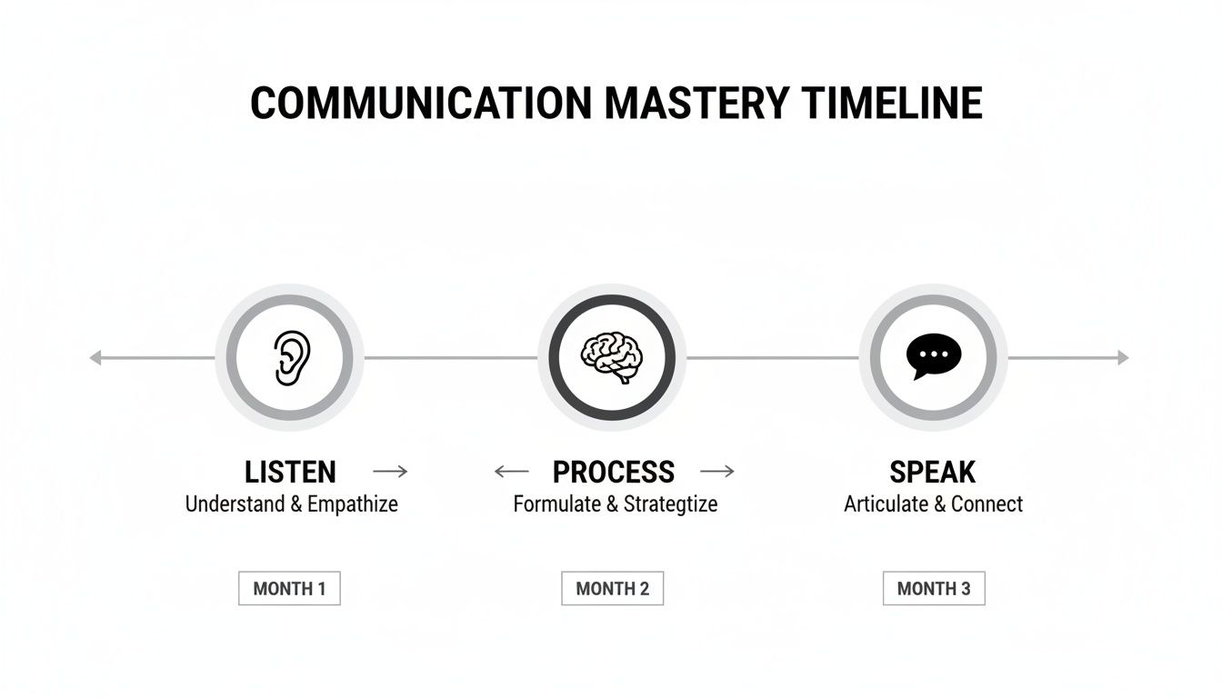 A communication mastery timeline with three stages: Listen (Month 1), Process (Month 2), and Speak (Month 3).