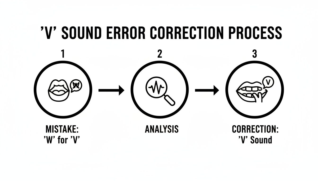 A visual guide showing the process of correcting a 'W' for 'V' sound pronunciation error.