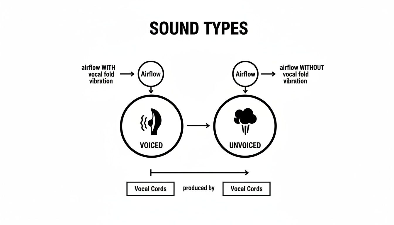 Flowchart illustrating voiced and unvoiced sound types based on vocal fold vibration and airflow.