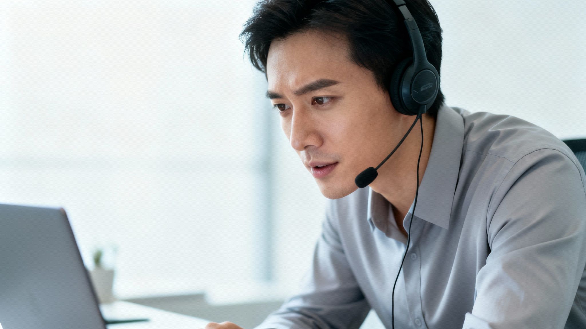 A focused man wearing a headset with a microphone looks at his laptop, working remotely.