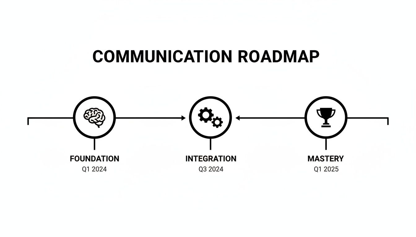 A communication roadmap diagram outlining Foundation, Integration, and Mastery stages with timelines.