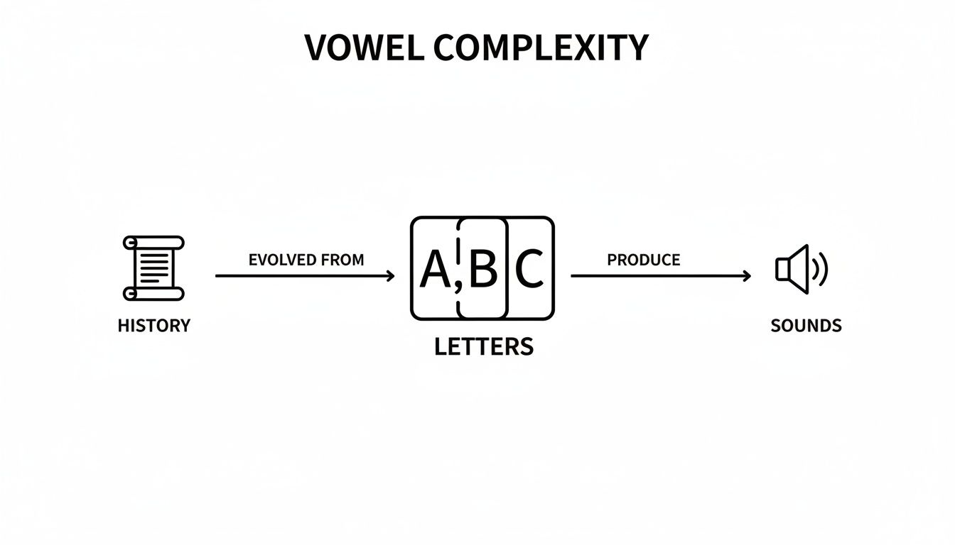 A flowchart illustrating vowel complexity: history evolves into letters that produce sounds.