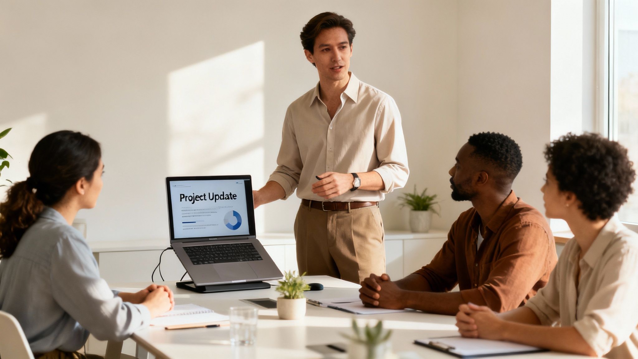 A man presents a 'Project Update' on a laptop to diverse colleagues during a sunny office meeting.