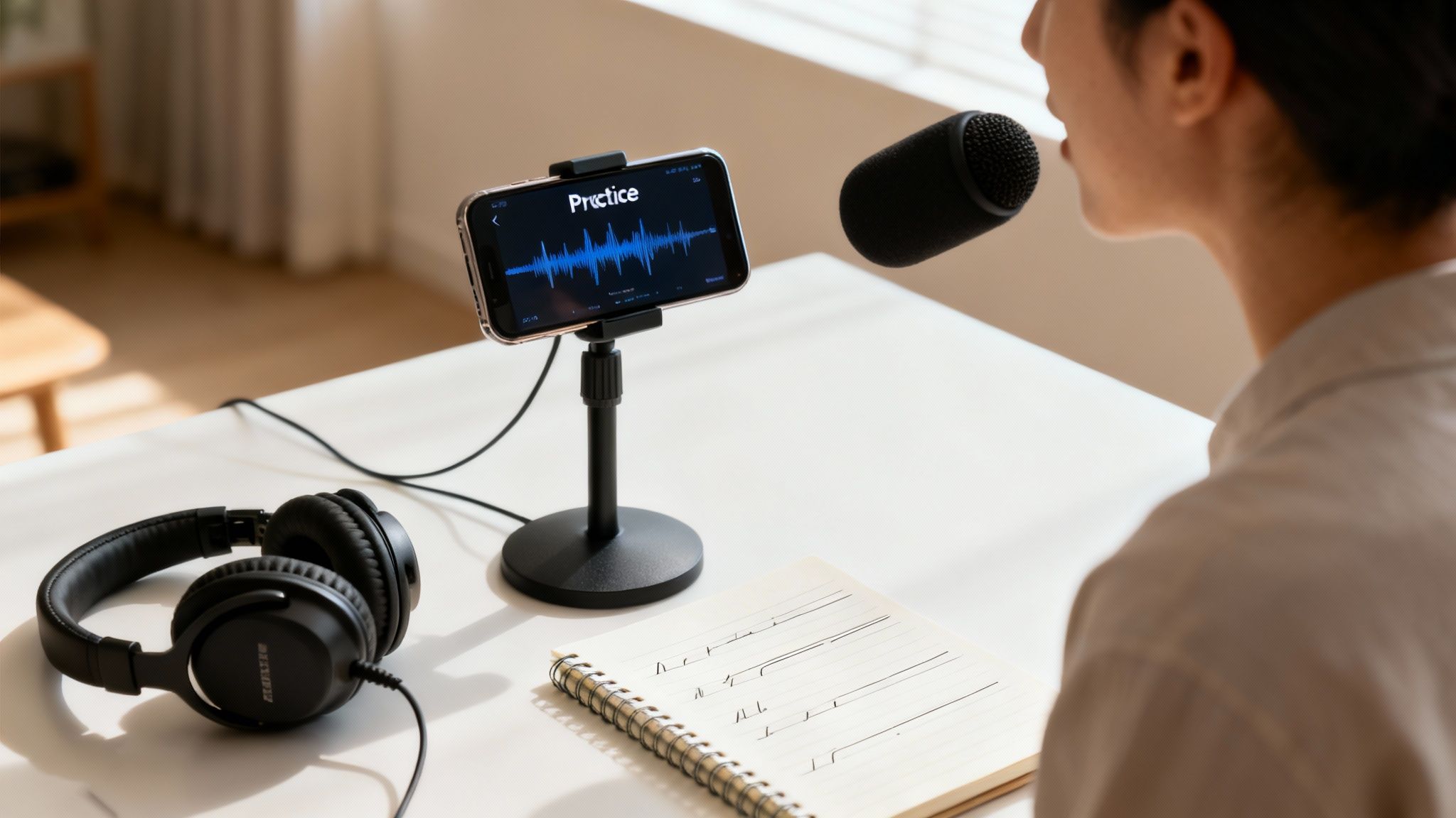 A person practices speaking into a microphone, with a phone showing audio waveforms, headphones, and a notebook on a desk.