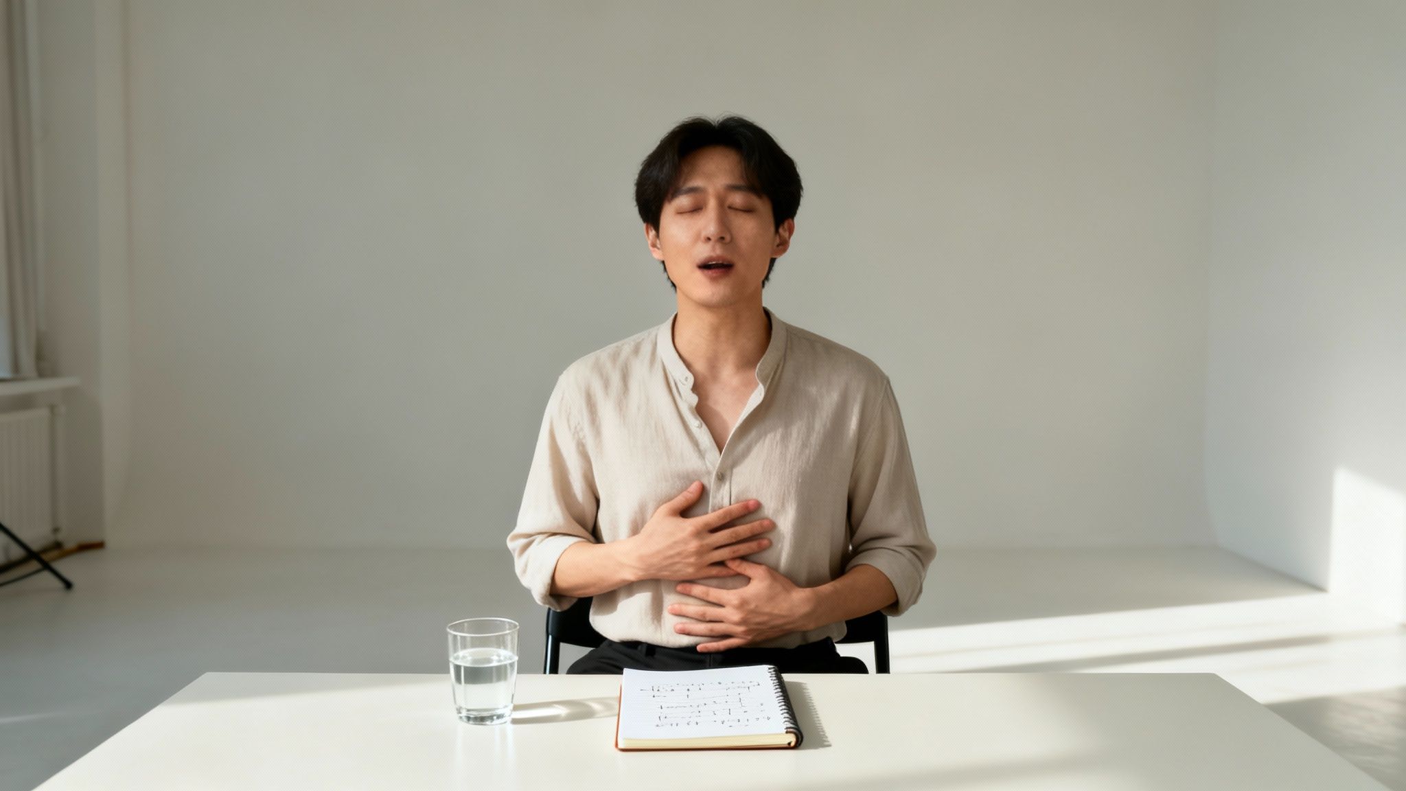 A man with closed eyes and open mouth practices vocal exercises, holding his abdomen for breath support.