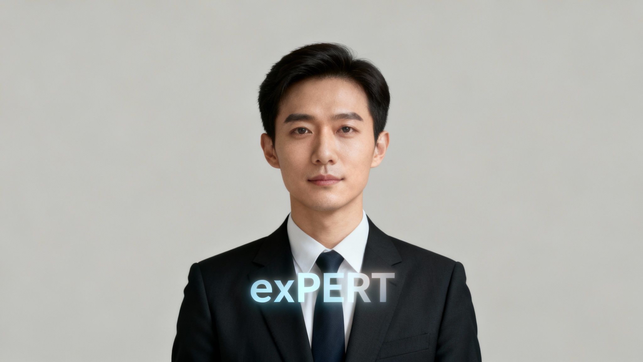 A confident Asian businessman in a suit with glowing 'eXPERT' text superimposed.