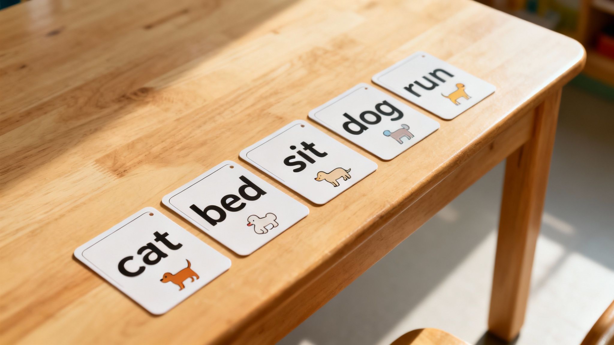 Five white flashcards with words 'cat', 'bed', 'sit', 'dog', 'run' and dog illustrations on a wooden table.