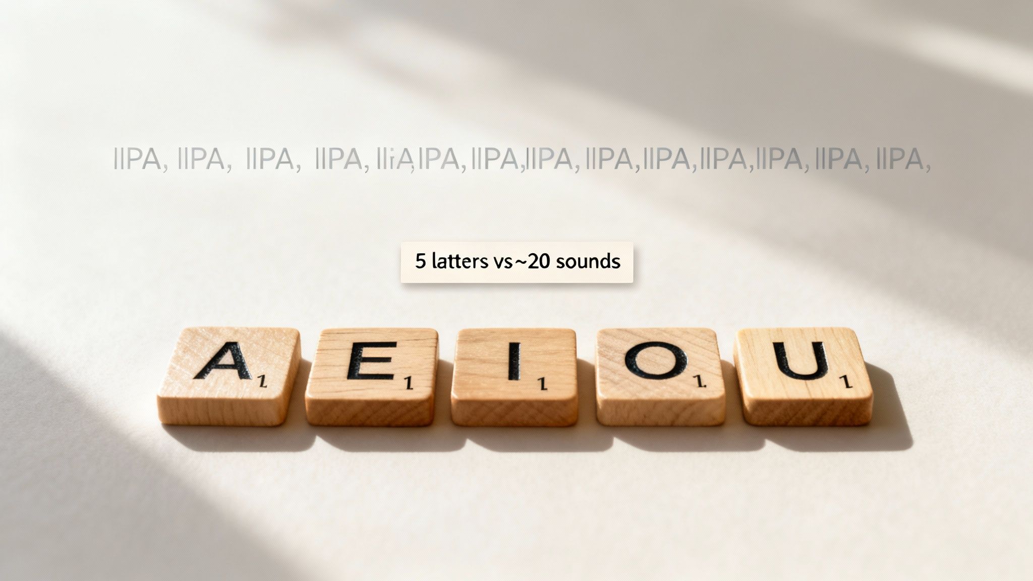 Scrabble tiles showing A, E, I, O, U, illustrating 5 letters versus 20 vowel sounds.