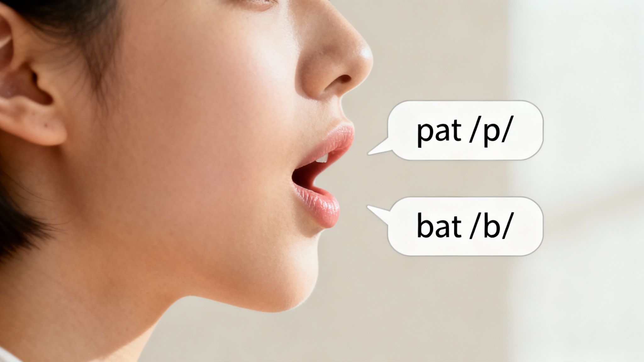 A person's open mouth shown with speech bubbles comparing 'pat /p/' and 'bat /b/' sounds.