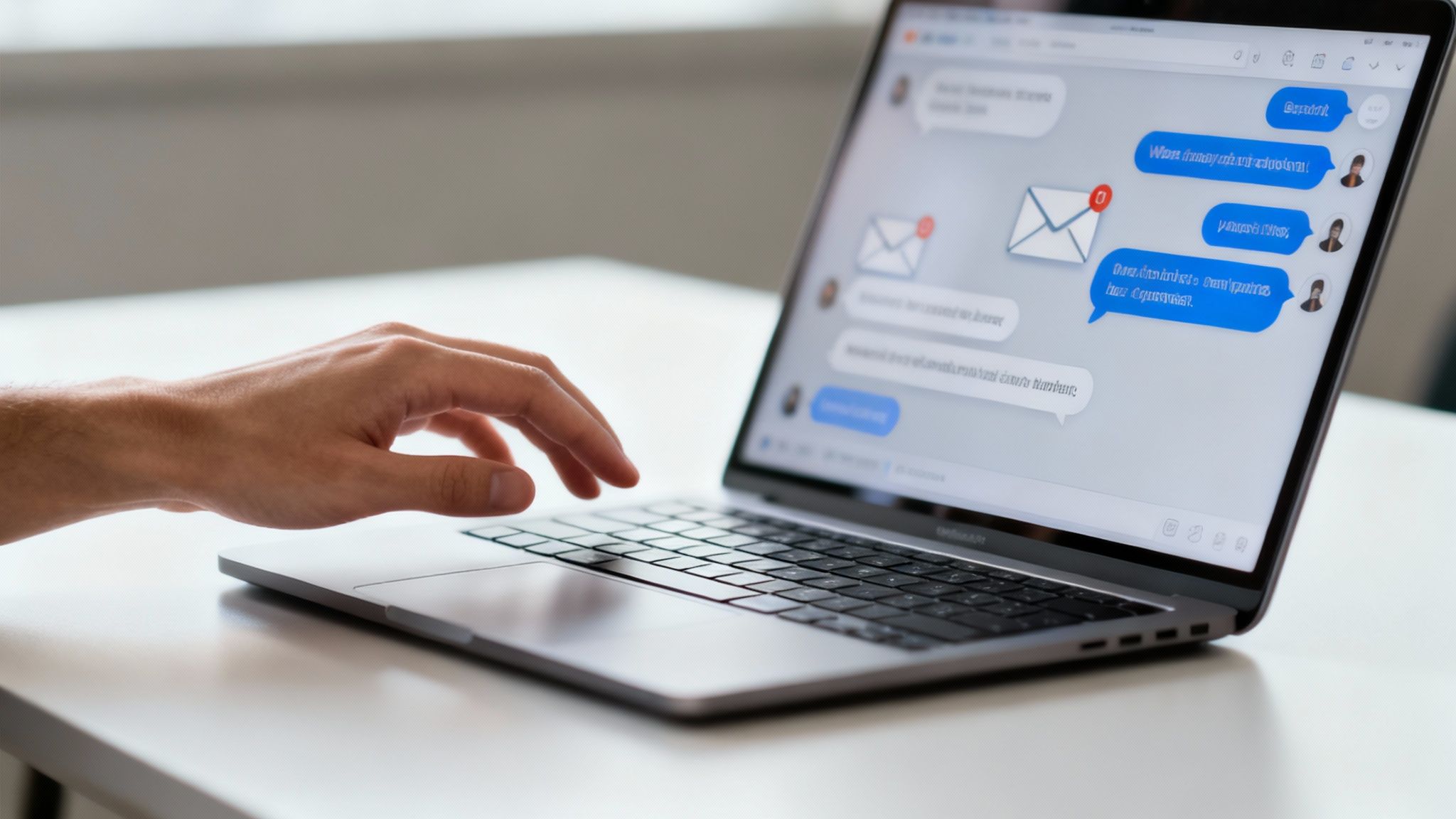 Close-up of a hand typing on a laptop displaying a chat application with conversation bubbles.