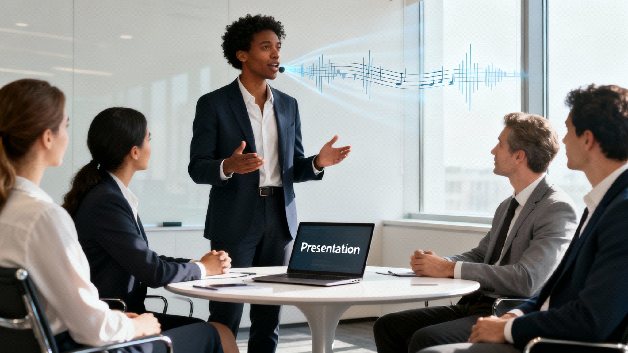 A Black businessman presents to diverse colleagues in an office, with sound waves and musical notes symbolizing speech.