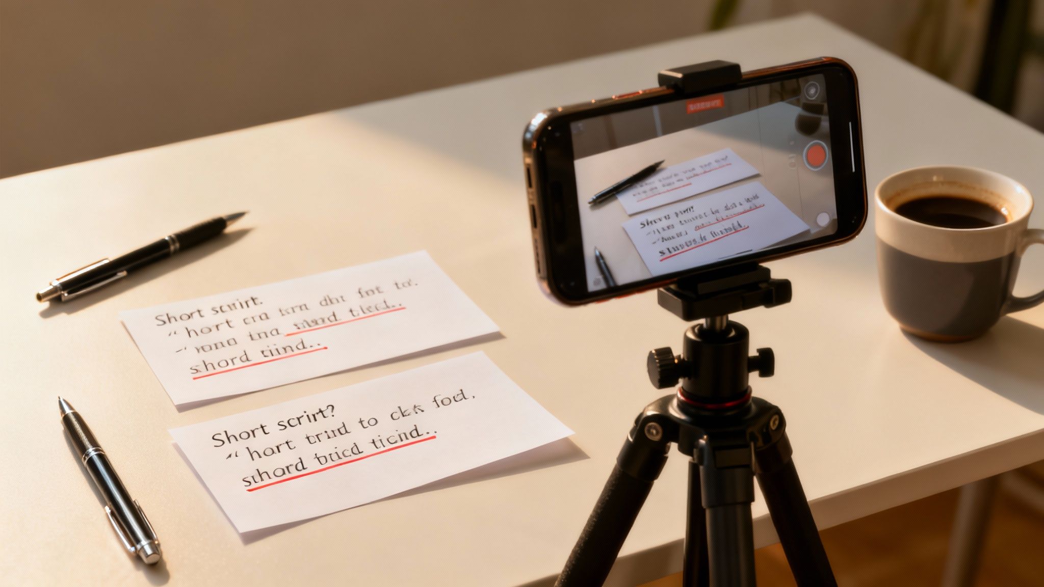 A smartphone on a tripod recording handwritten scripts with pens and a coffee mug.