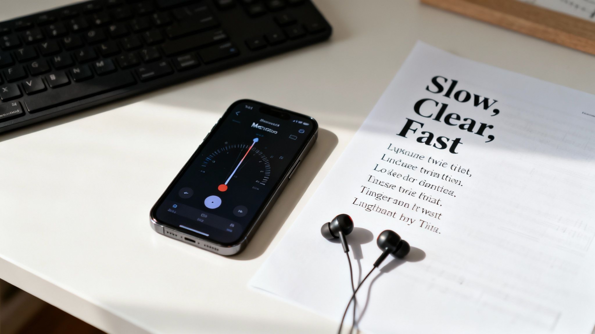 A smartphone displaying an audio app, paper with 'Slow, Clear, Fast' text, and earbuds on a white desk.