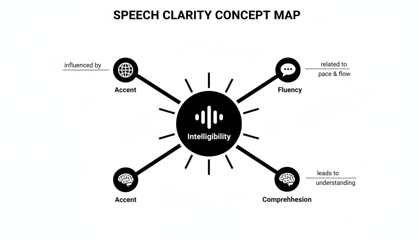 Concept map illustrating speech intelligibility, influenced by accent, fluency, and leading to comprehension.