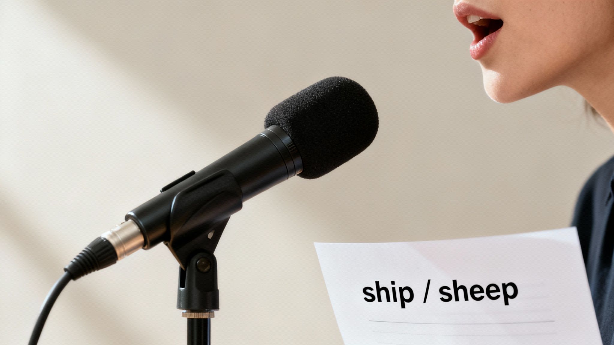 A person practices pronunciation of "ship" and "sheep" into a microphone, focusing on enunciation.