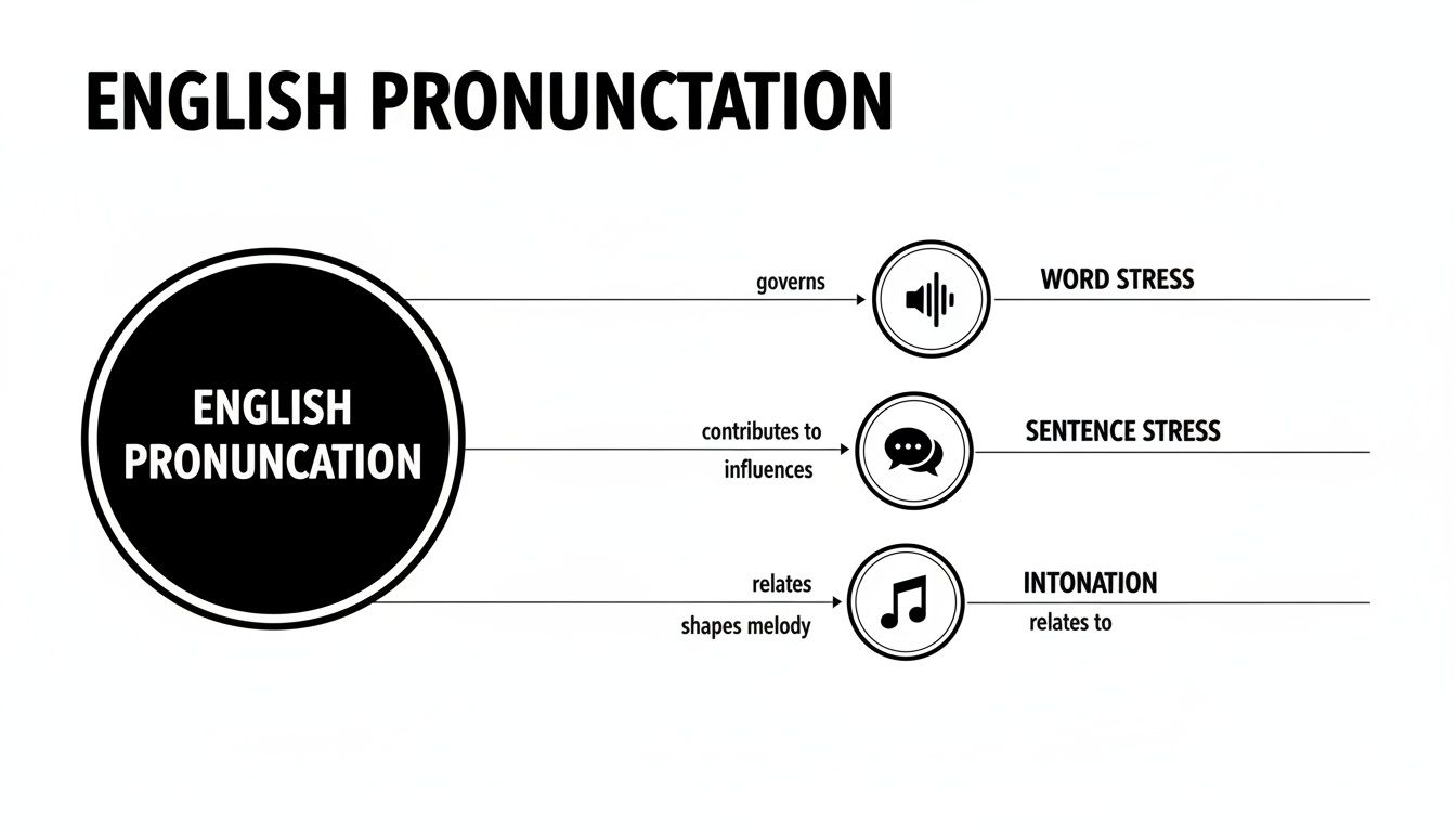 A diagram illustrating English pronunciation and its key components: word stress, sentence stress, and intonation.