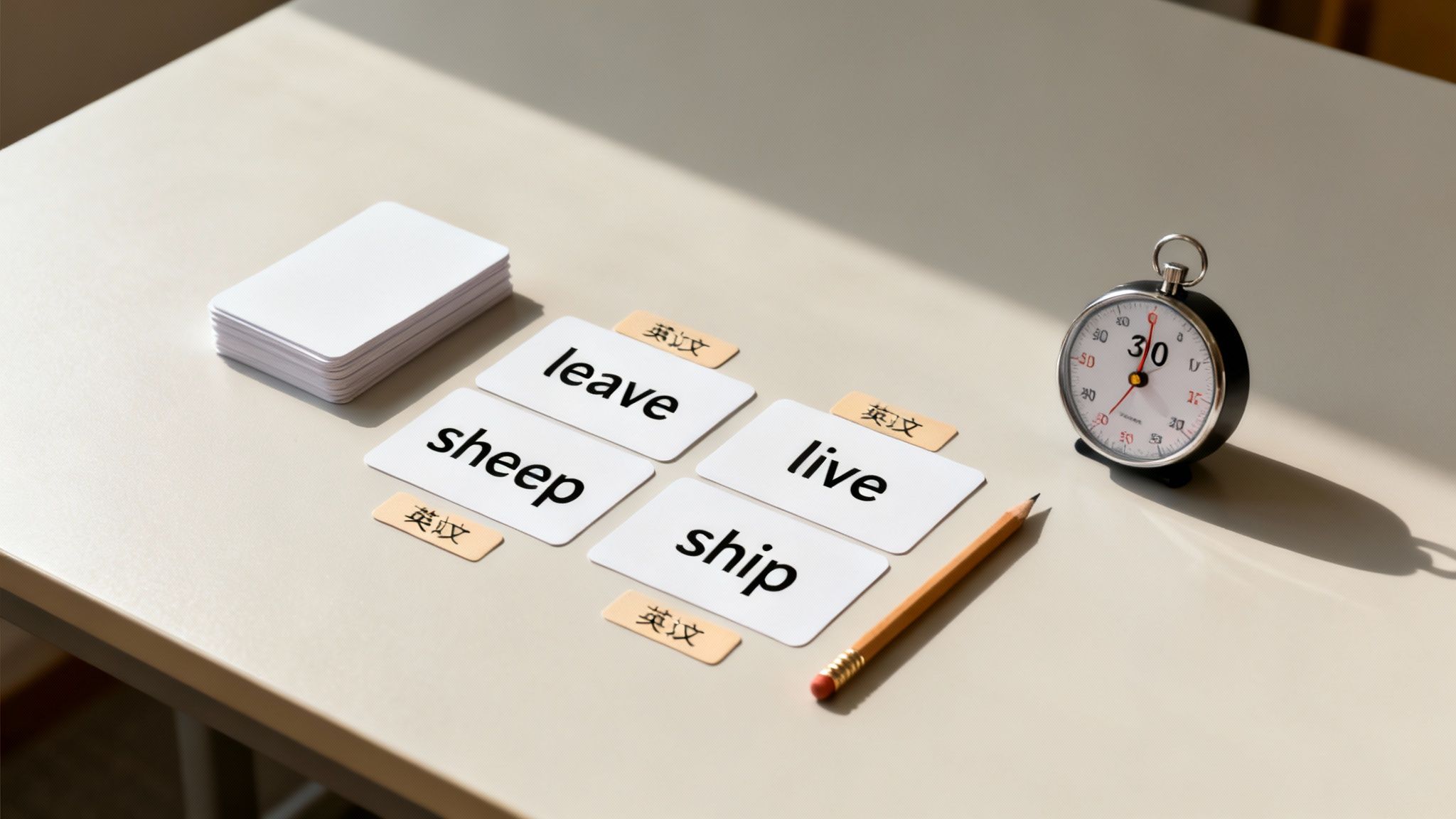 Flashcards with English words like 'leave' and 'live' for pronunciation practice, a timer, and a pencil on a desk.