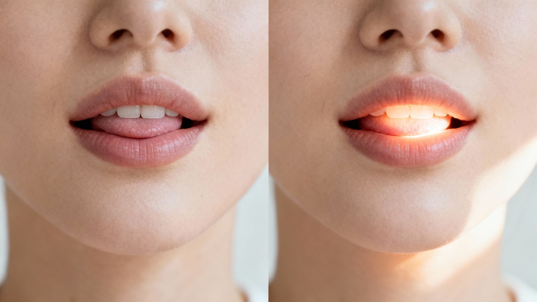 A close-up of a person's mouth, showing the tongue and teeth, with and without an internal glow.
