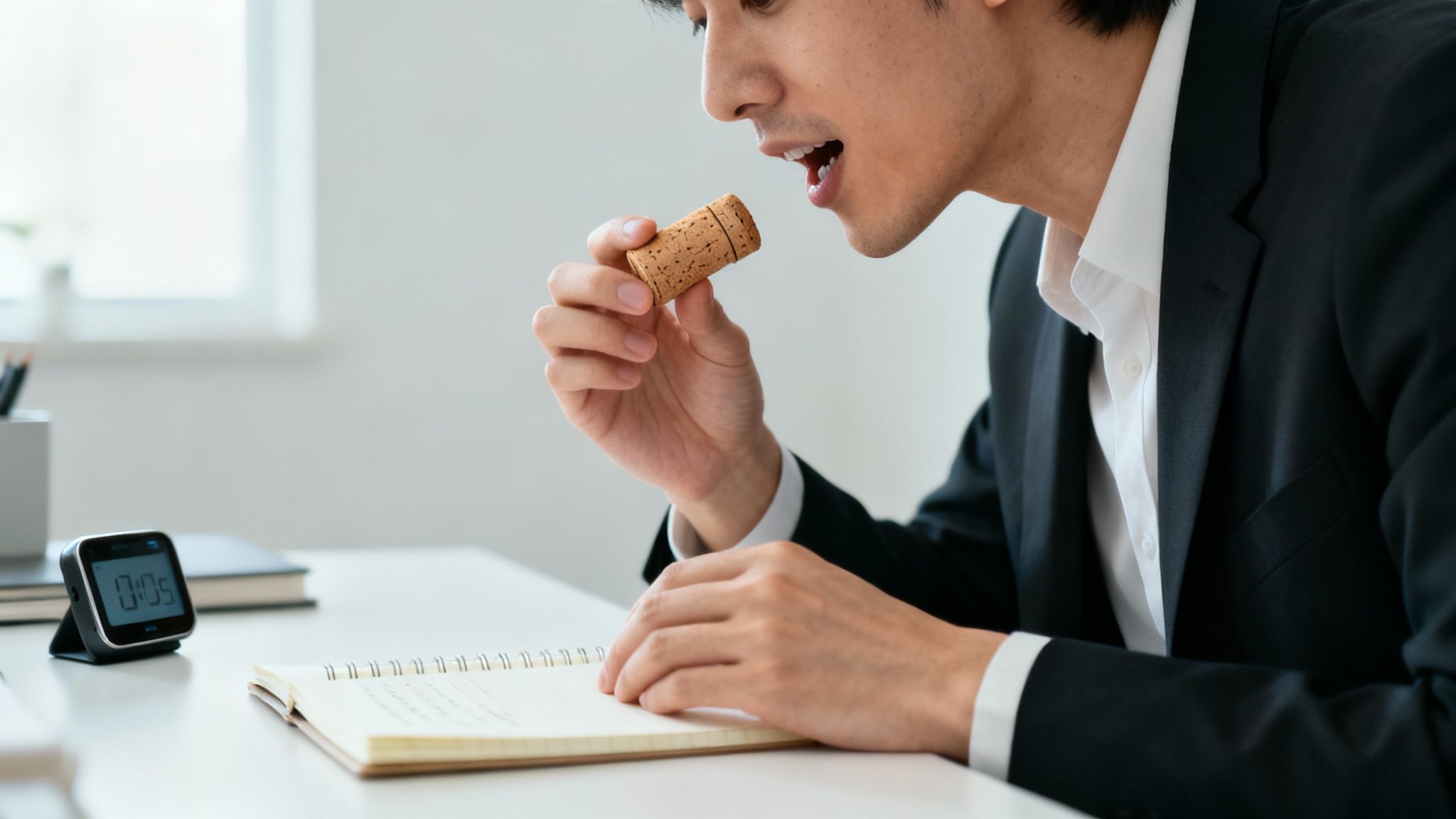 Man in a suit holds a wine cork to his mouth, sitting at a desk with a timer.