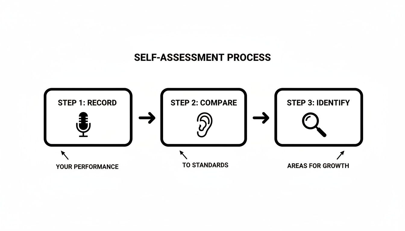 Diagram showing the self-assessment process: record performance, compare to standards, and identify areas for growth.