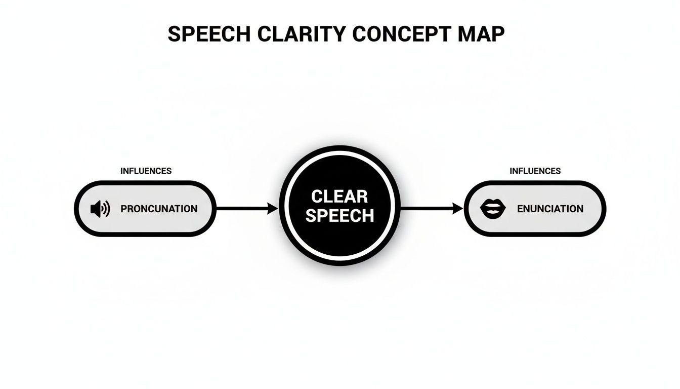 A concept map illustrating how pronunciation and enunciation influence clear speech.