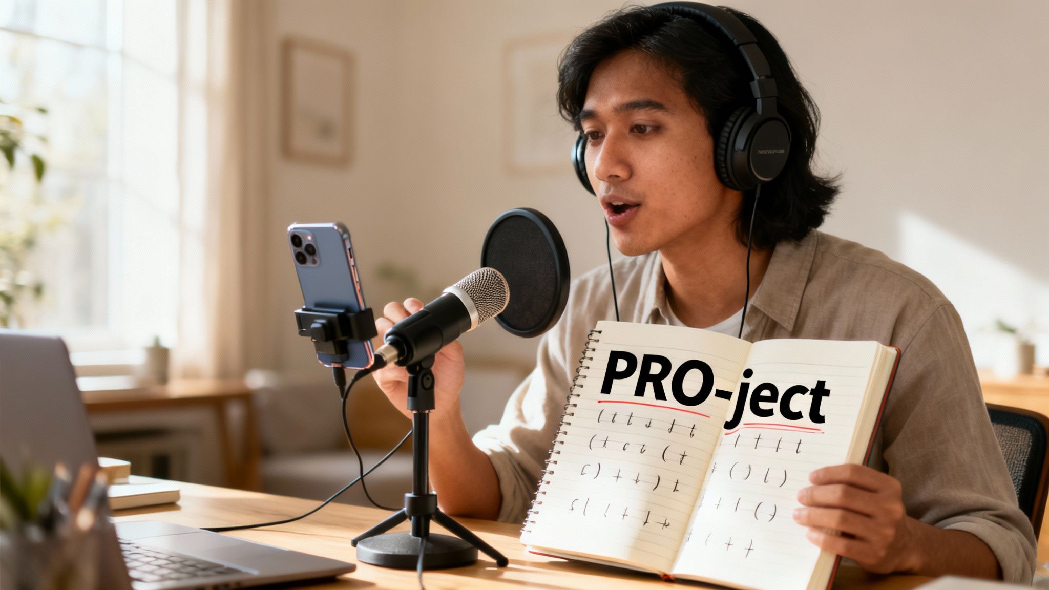 Young man wearing headphones records a podcast, explaining 'PRO-ject' from a notebook.