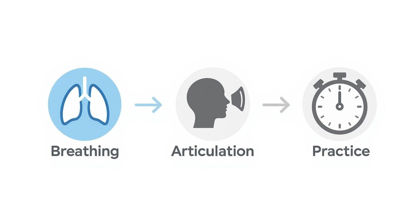 Diagram illustrating the sequence of breathing, articulation, and practice for speech or vocal training.