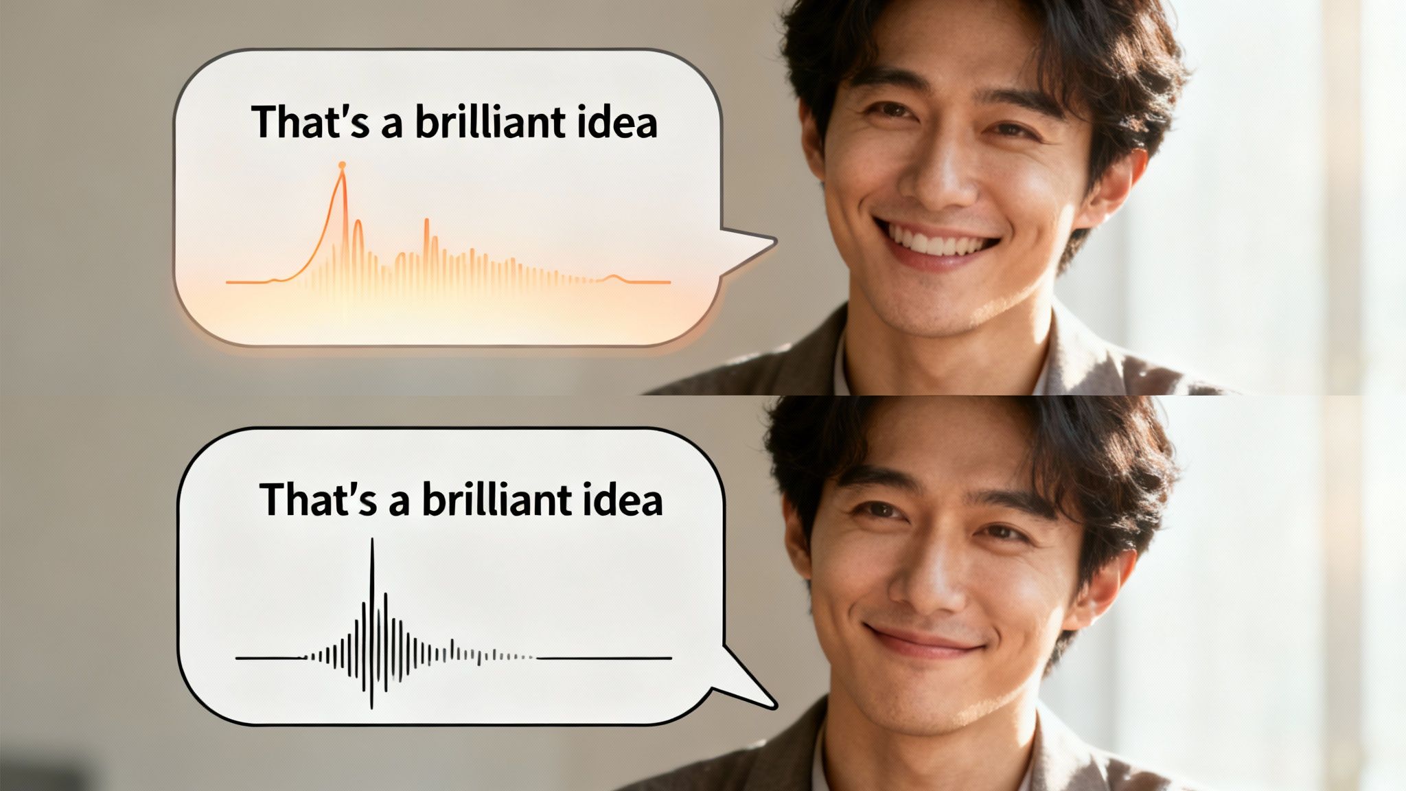 Two panels show a smiling man with speech bubbles displaying different intonations for 'That's a brilliant idea'.