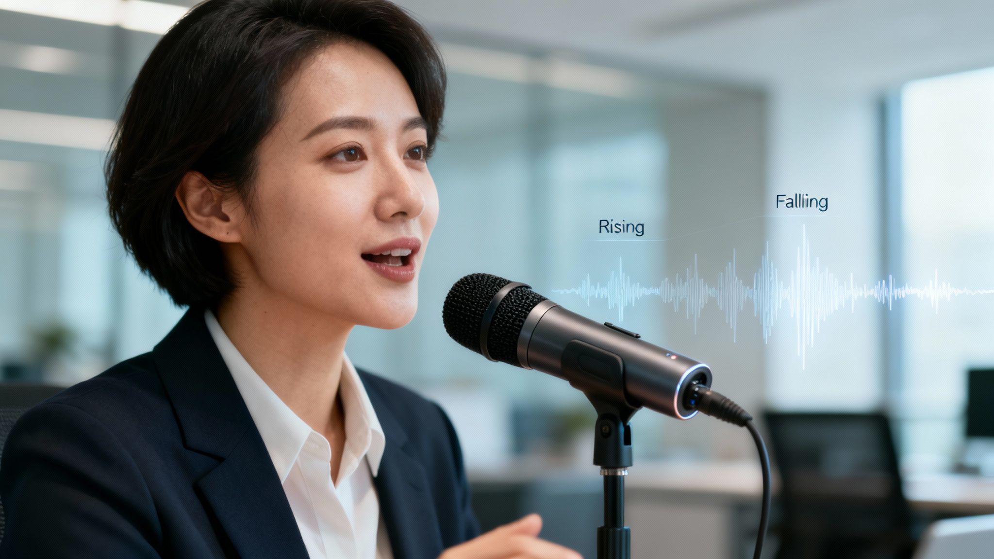 A woman speaking into a microphone with a sound wave graphic showing 'Rising' and 'Falling' intonation.