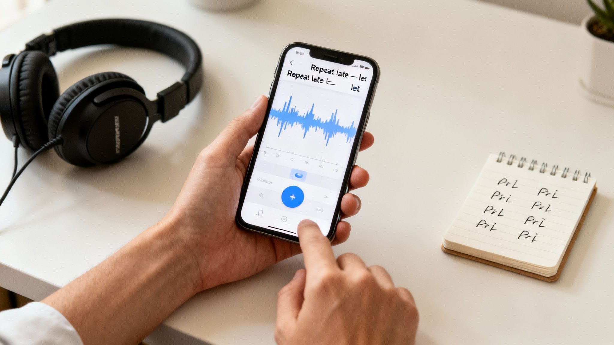 Hands holding a smartphone displaying an audio waveform for pronunciation practice, with headphones and a notebook.